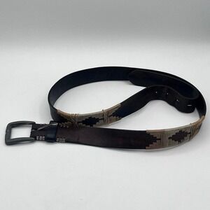 Vintage Leather Belt Handwoven Inlay Western Rustic Buckle Brown